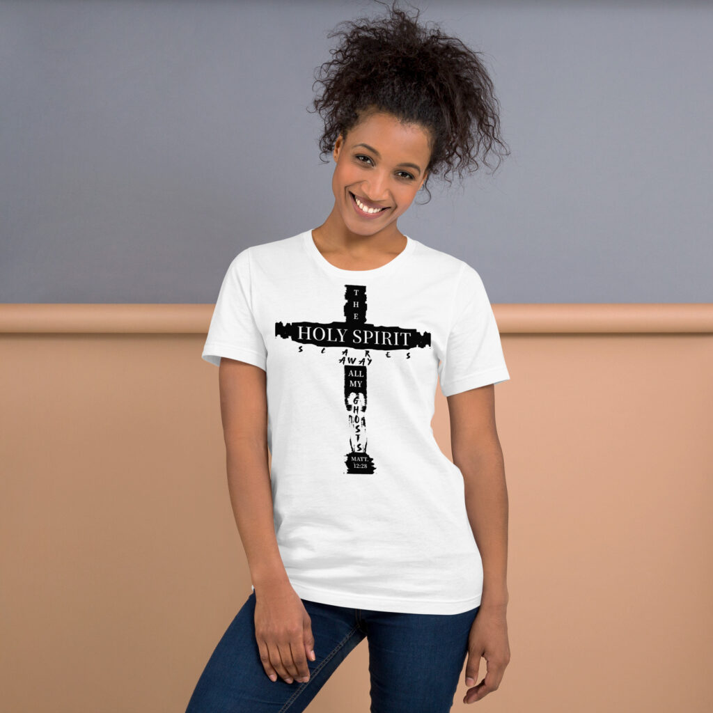 the holy spirit scares away all my ghost graphic text design T Shirt White