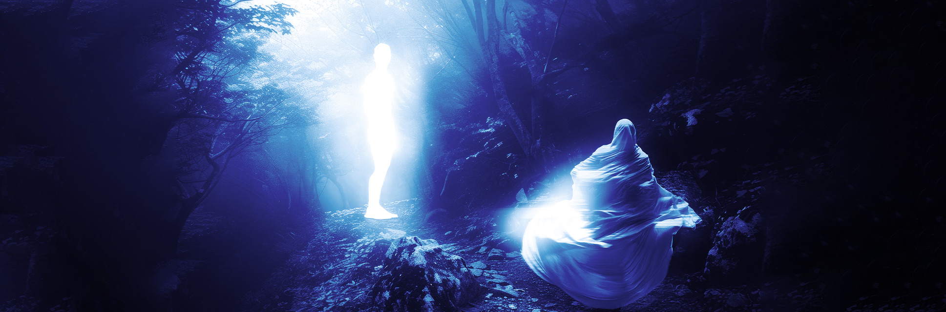 realistic being of light cause ghost in glowing white sheet to float away