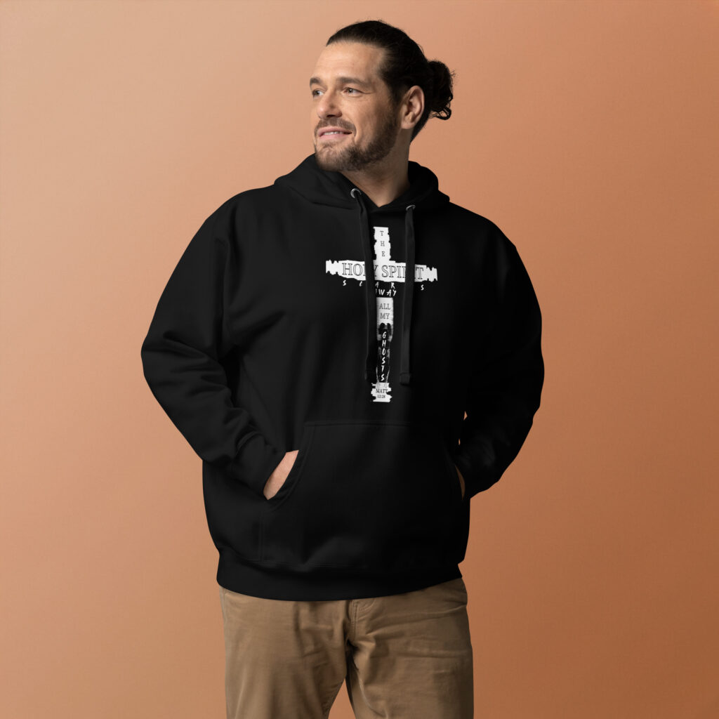 black hoodie with graphic text Holy Spriit Scares All My Ghosts